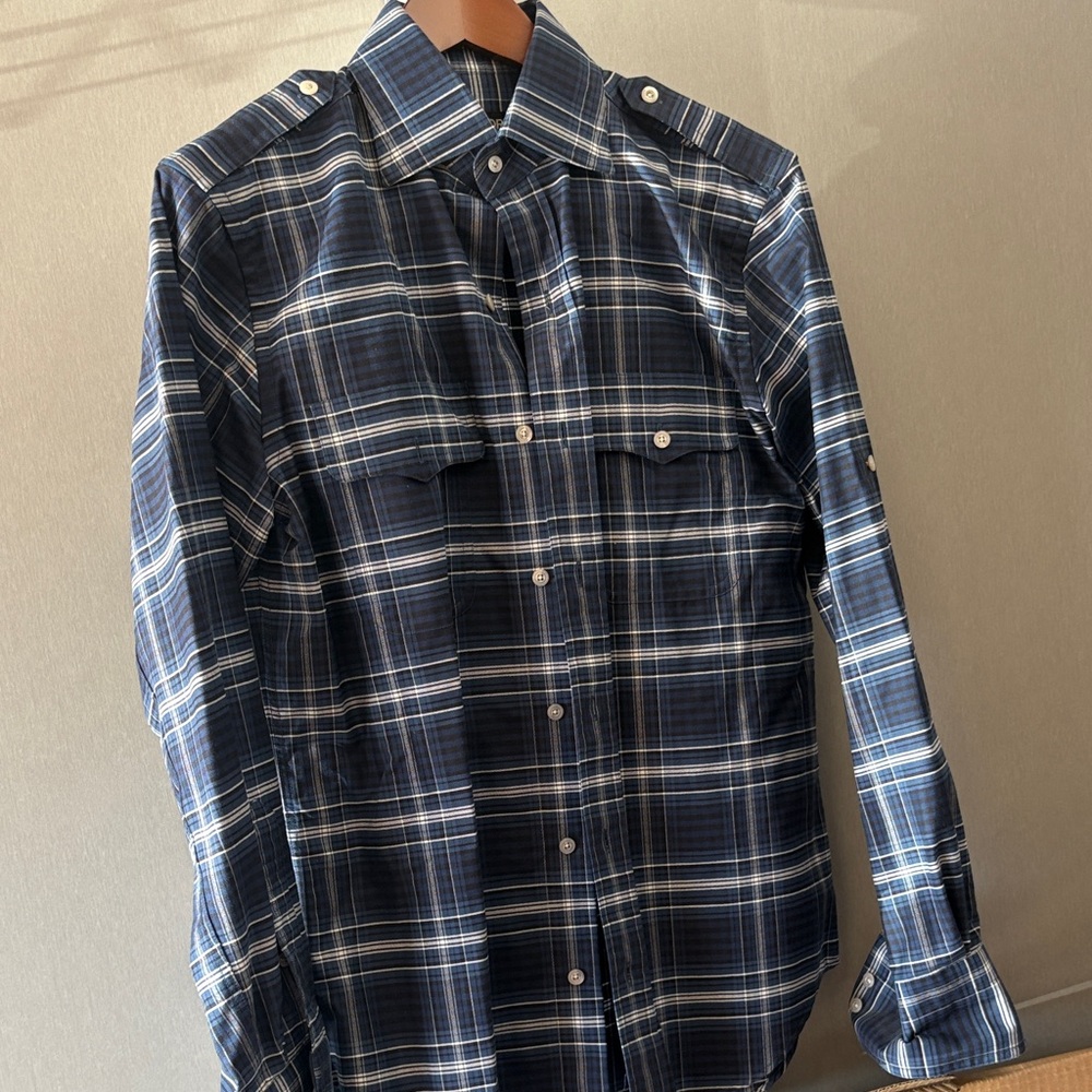 Tom Ford Navy and White Plaid Long-Sleeve Button-Down Shirt